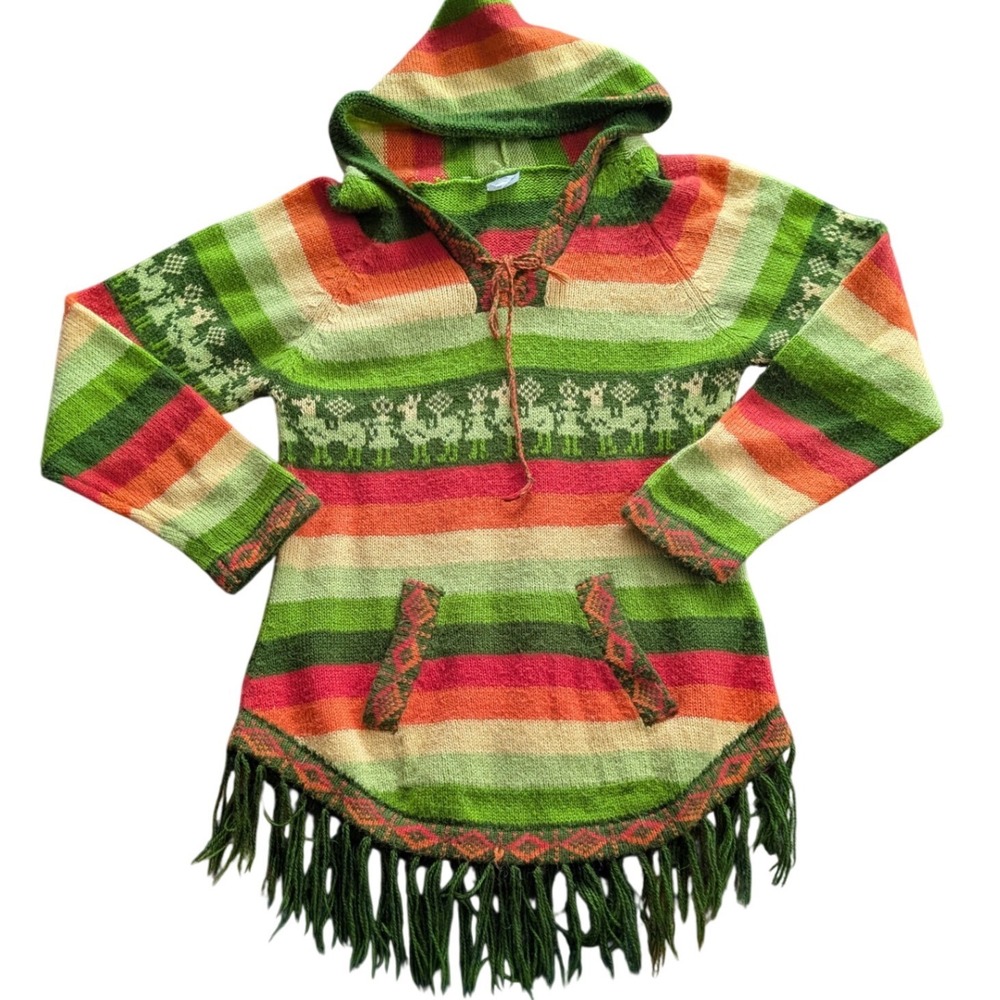 VTG Alpaca/Llama Wool Knit Fringe Hoodie Striped Sweater Rainbow Ethnic Peru XS‎